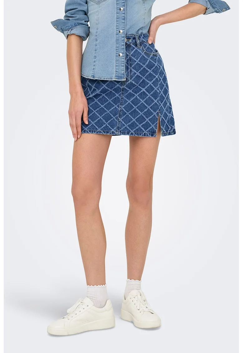 Fusta mini de denim cu margine cu slit, Albastru inchis