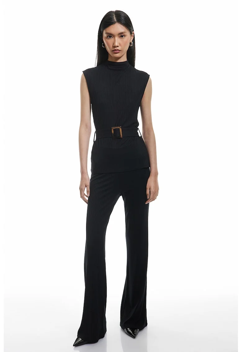 Pantaloni striati cu croiala bootcut si talie inalta, Negru