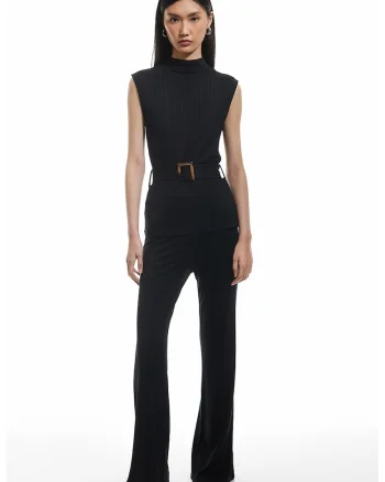 Pantaloni striati cu croiala bootcut si talie inalta, Negru