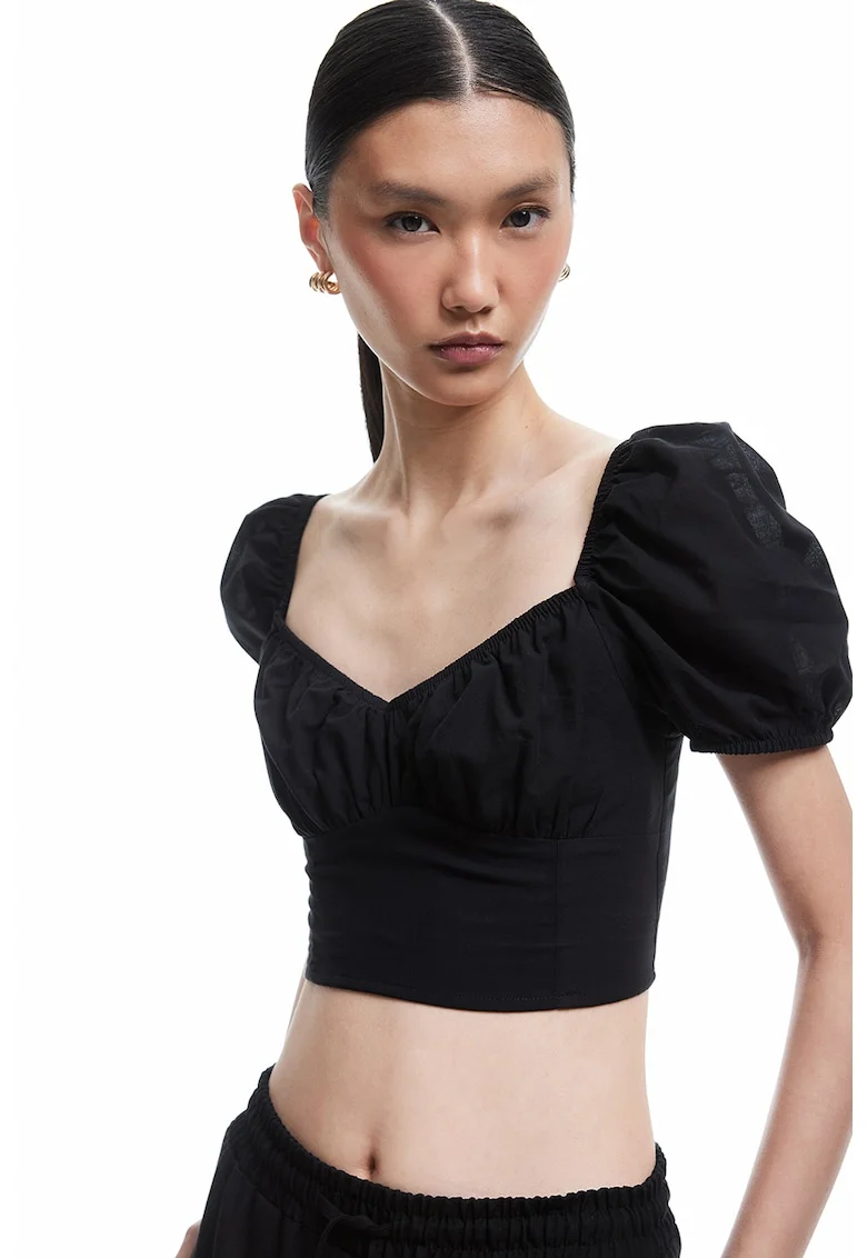 Tricou slim fit cu maneci bufante, Negru