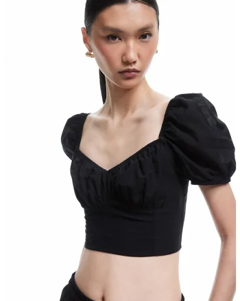 Tricou slim fit cu maneci bufante, Negru