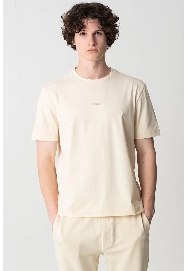 Tricou cu decolteu la baza gatului si logo discret, Galben pal