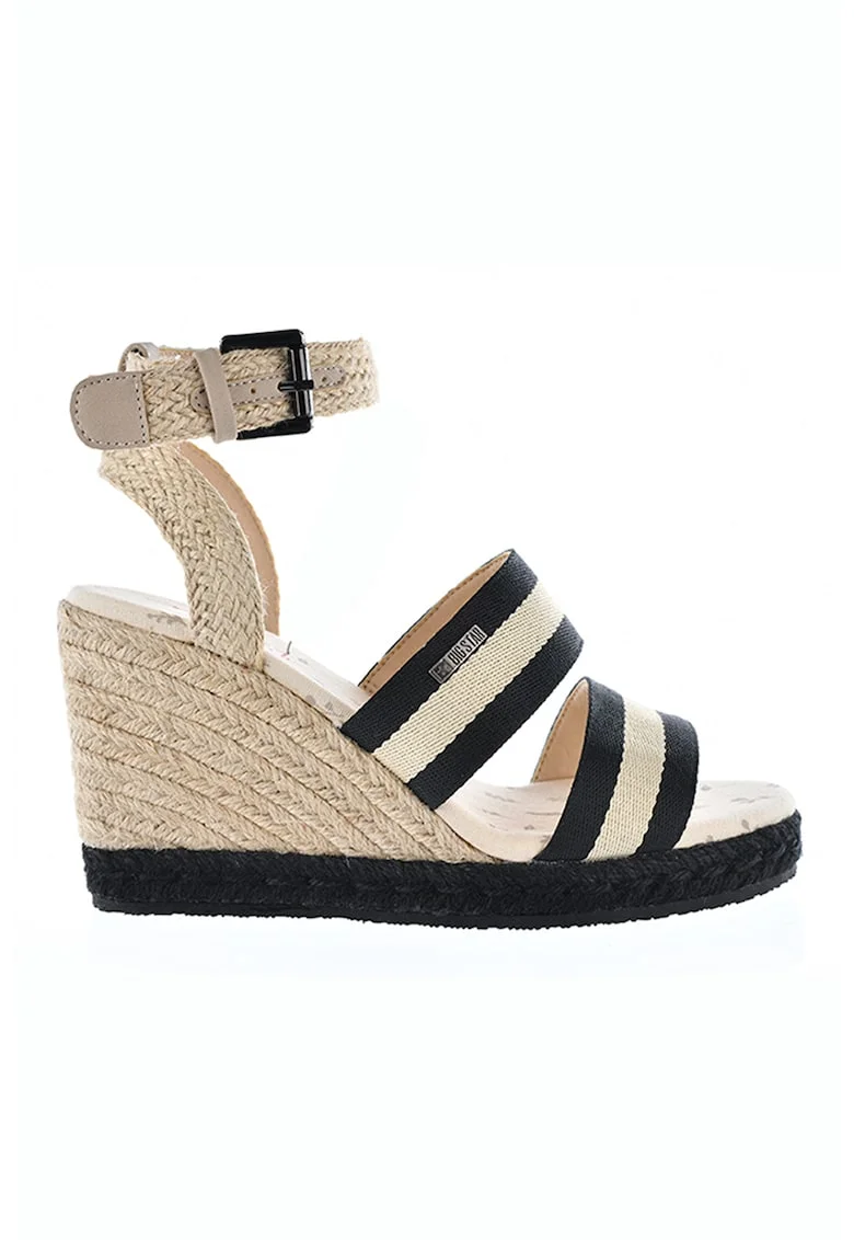 Sandale wedge cu iuta impletita, Negru/Crem