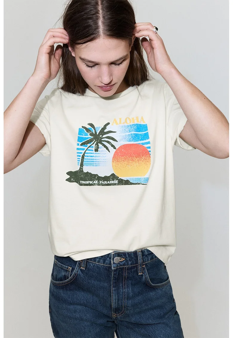 Tricou lejer cu imprimeu grafic, Alb fildes