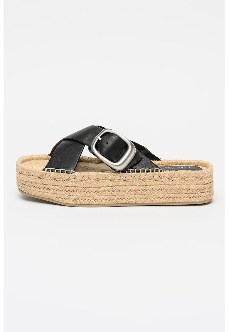 Papuci-espadrile cu barete de piele, Negru/Argintiu