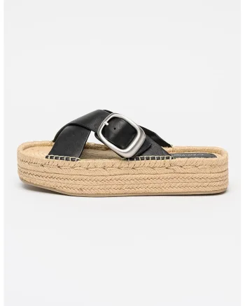Papuci-espadrile cu barete de piele, Negru/Argintiu