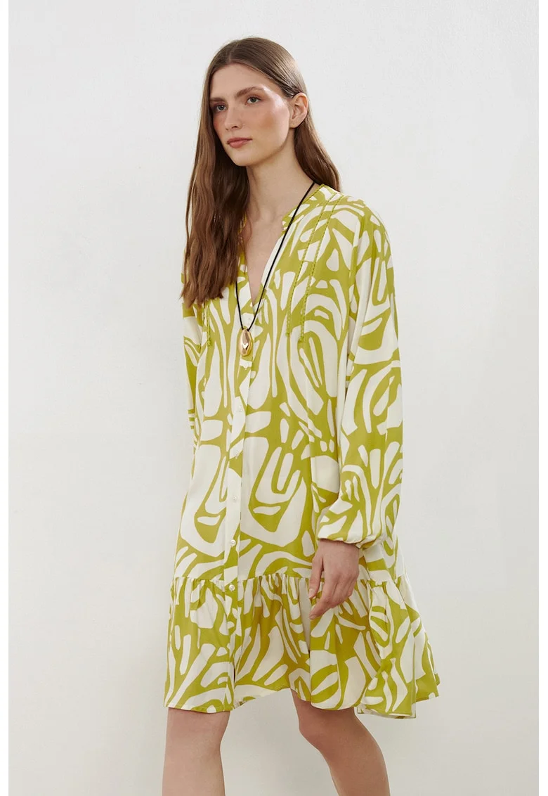 Rochie midi cu model si terminatie cu volane, Alb/Verde lime