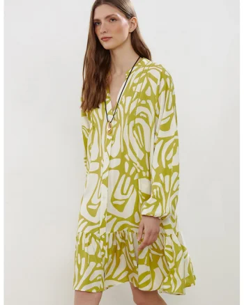 Rochie midi cu model si terminatie cu volane, Alb/Verde lime