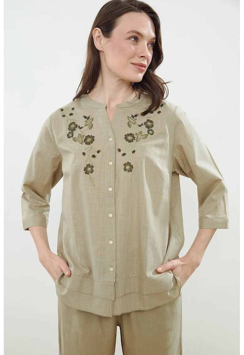 Bluza din bumbac cu broderie, Kaki deschis