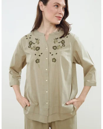 Bluza din bumbac cu broderie, Kaki deschis