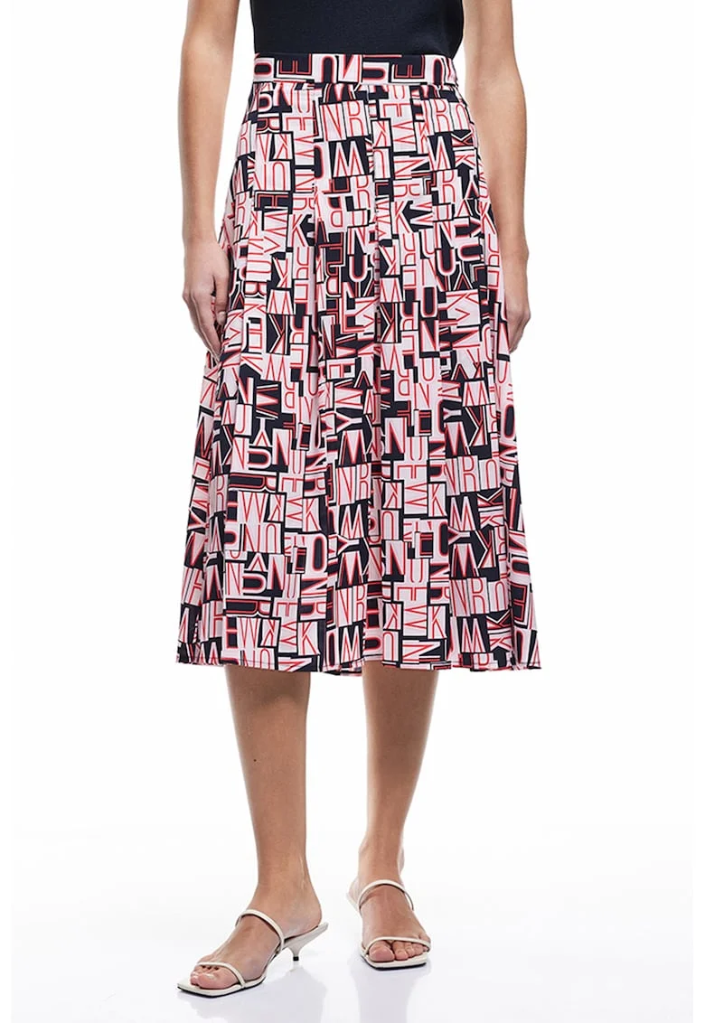 Fusta evazata cu model geometric, Rosu/Negru/Roz somon