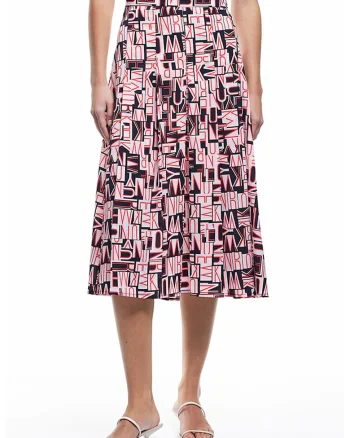 Fusta evazata cu model geometric, Rosu/Negru/Roz somon