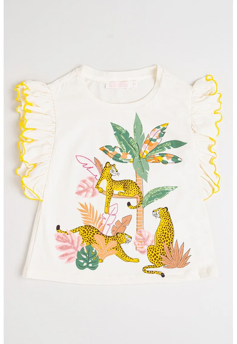 Tricou cu imprimeu grafic si maneci cu volane, Roz deschis/Verde deschis/Alb murdar