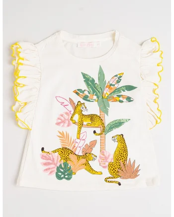 Tricou cu imprimeu grafic si maneci cu volane, Roz deschis/Verde deschis/Alb murdar