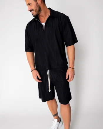 Set Velvet tricou cu fermoar si pantalon scurt Black