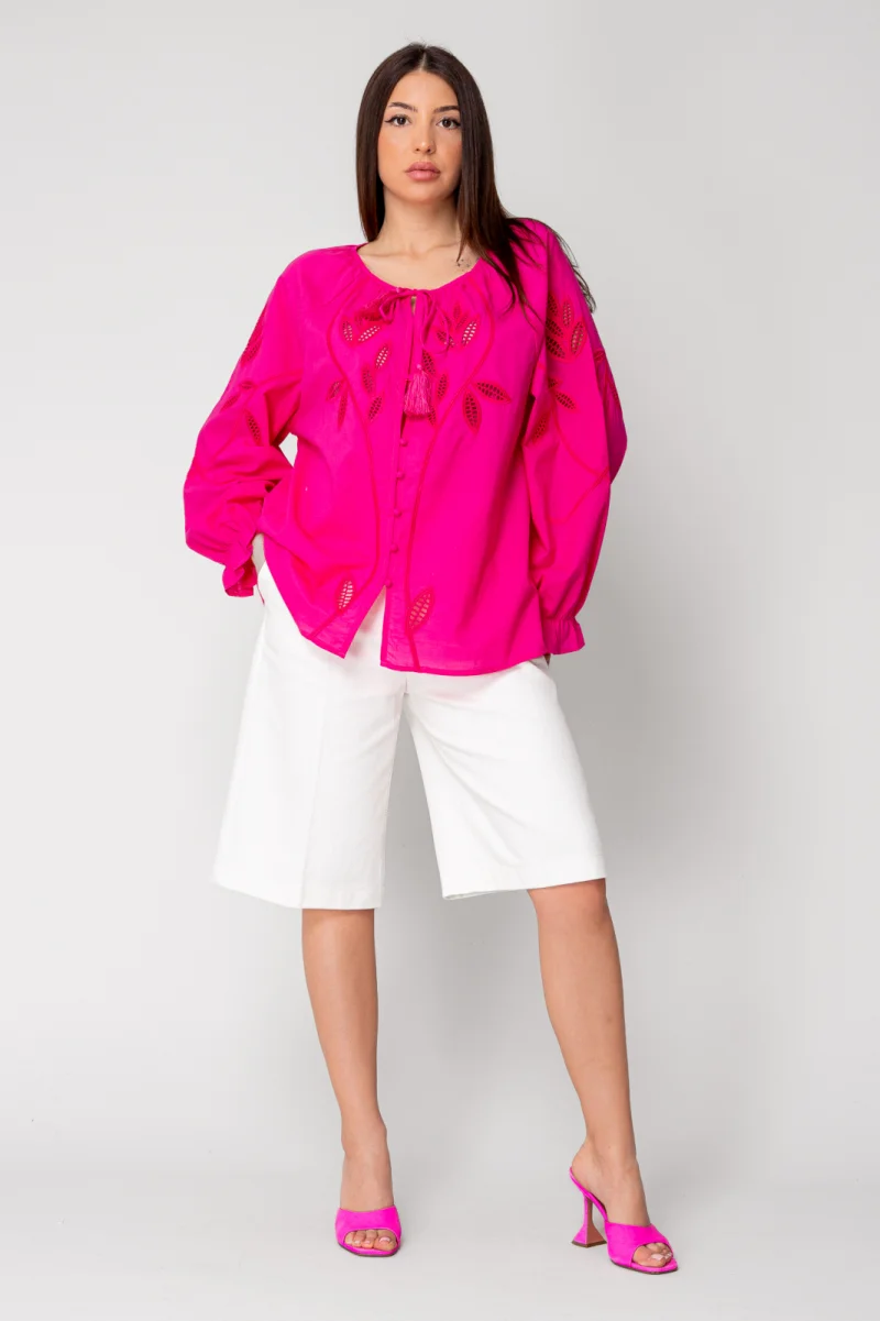 Camasa maneca lunga cu broderie Fuchsia