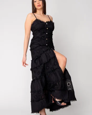 Rochie lunga cu nasturi si broderie Black