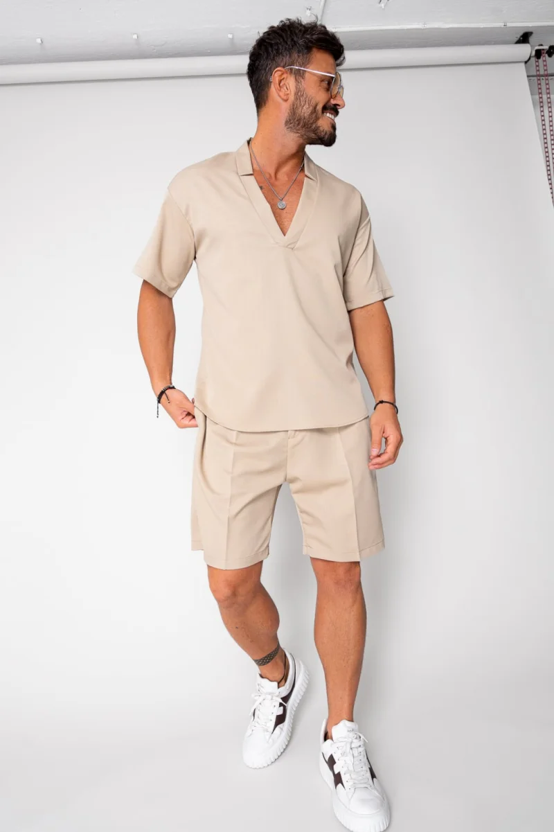 Set Como bluza V-cut si pantaloni scurti Beige