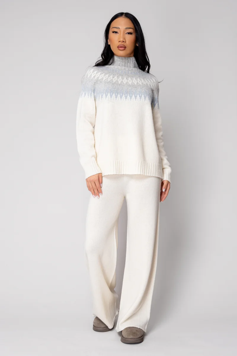 Set Pulover cu guler inalt si Pantalon lung mix de lana si casmir Off White Grey