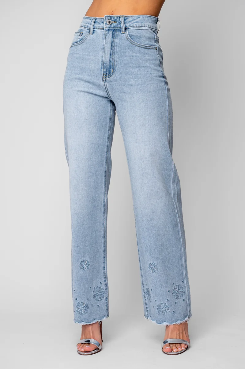 Blugi lungi elastici cu broderie florala Light Blue