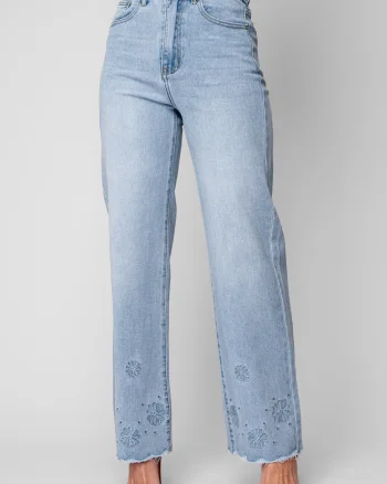Blugi lungi elastici cu broderie florala Light Blue