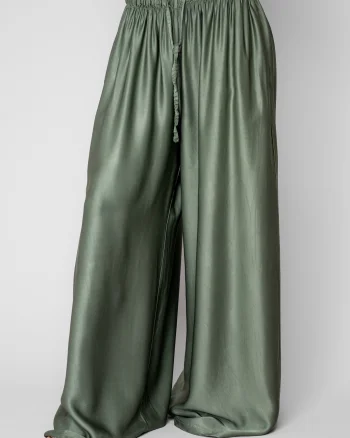 Pantalon lung din mix de matase Light Olive