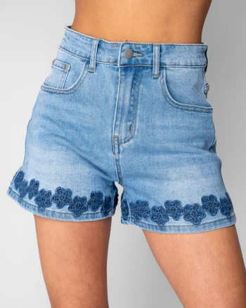 Blugi scurti elastici cu broderie Blue