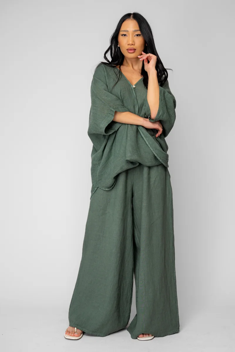 Set Olivia Bluza asimetrica si Pantalon lung din 100% in Dark Olive
