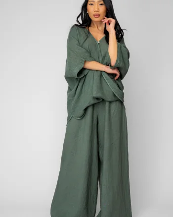 Set Olivia Bluza asimetrica si Pantalon lung din 100% in Dark Olive