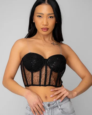 Top stil corset cu paiete Black