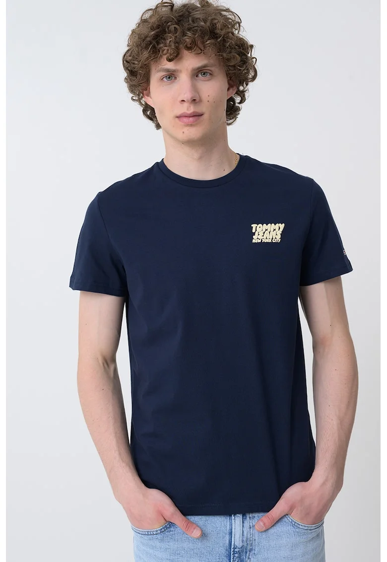 Tricou slim fit cu imprimeu logo, Bleumarin