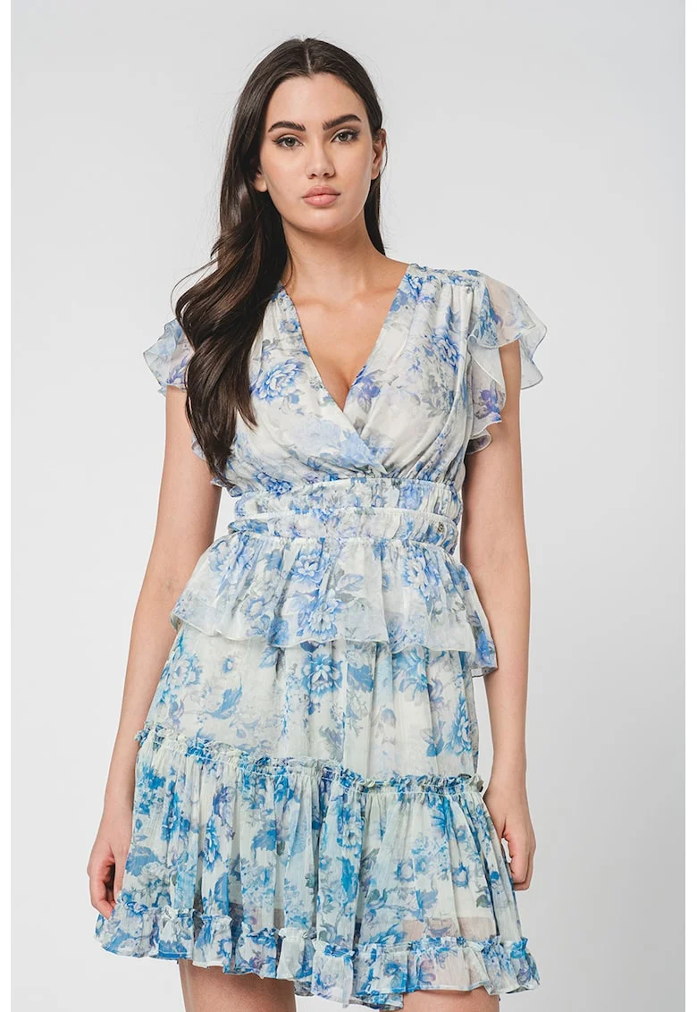 Bluza cu imprimeu floral si aspect petrecut, Albastru pastel/Albastru royal