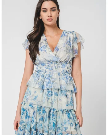 Bluza cu imprimeu floral si aspect petrecut, Albastru pastel/Albastru royal