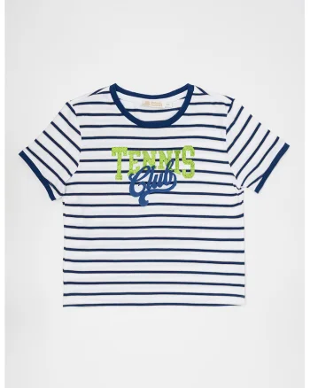 Tricou din amestec de bumbac cu model in dungi, Alb/Auriu/Albastru inchis
