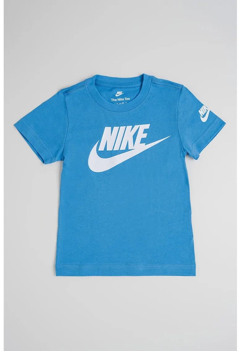 Tricou cu decolteu la baza gatului si logo, Alb optic/Albastru deschis