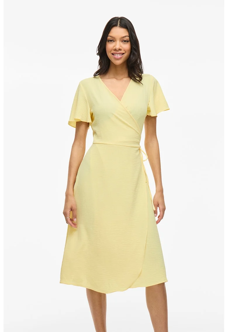 Rochie midi cu croiala petrecuta si decolteu cache coeur, Galben