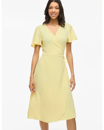 Rochie midi cu croiala petrecuta si decolteu cache coeur, Galben