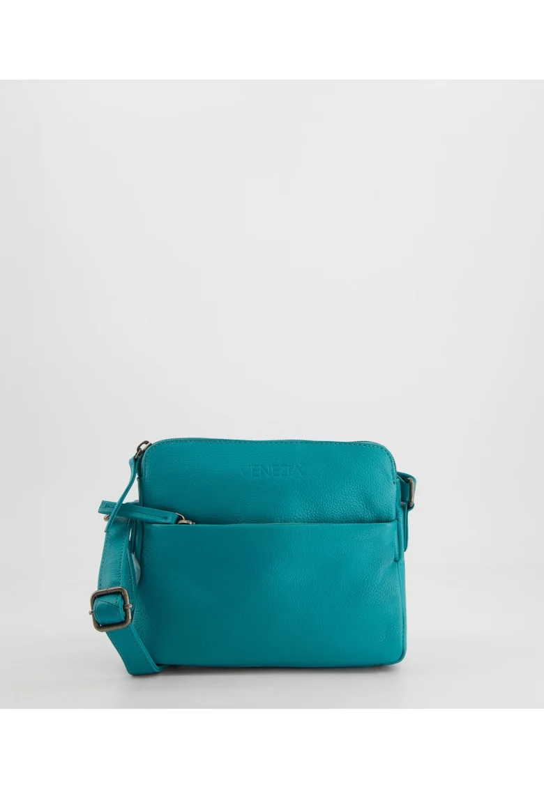 Geanta de umar  piele naturala, verde, 17x20x4,5cm, set cu 2 buzunare interioare si 2 exterioare, curea max 165cm.