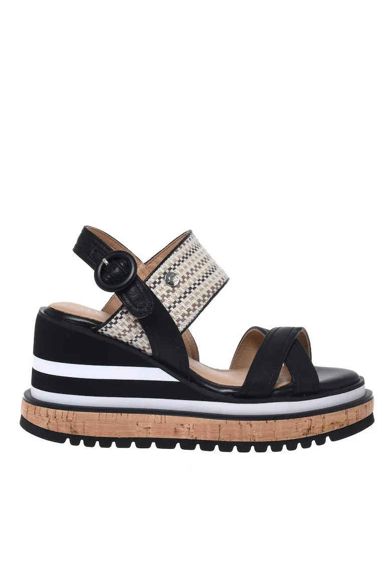 Sandale wedge din piele si rafie, Negru