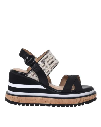 Sandale wedge din piele si rafie, Negru