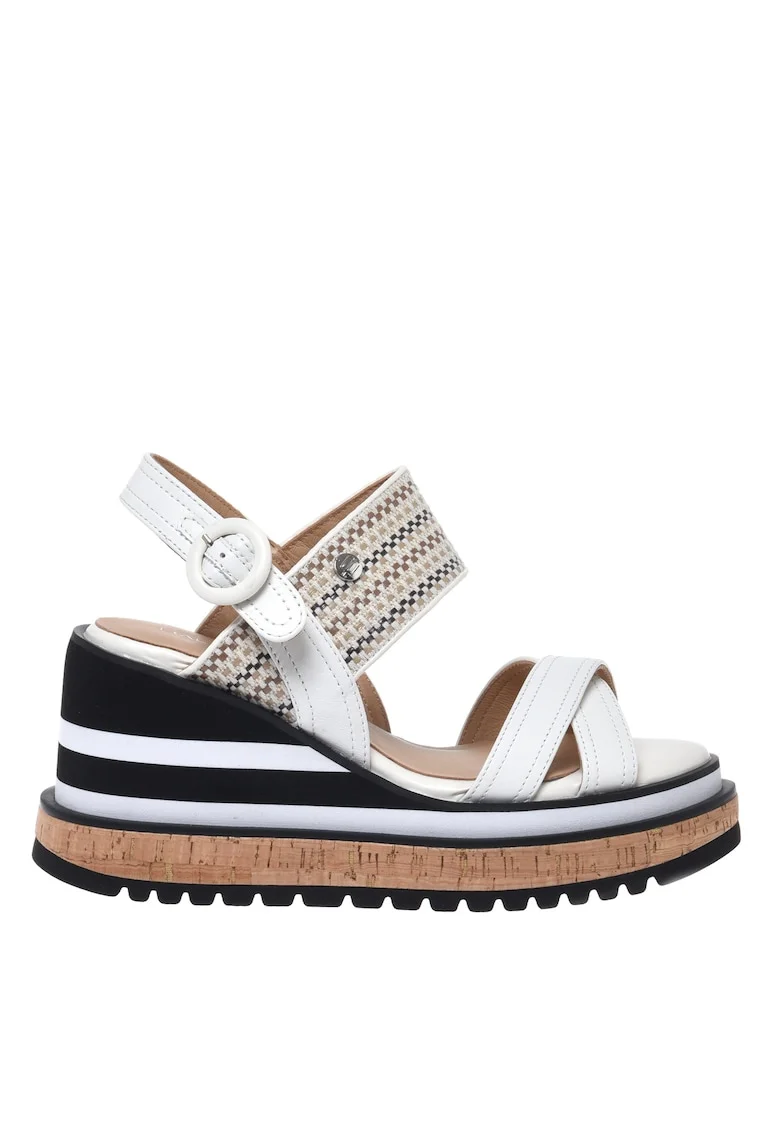 Sandale wedge din piele si rafie, Alb