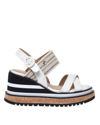 Sandale wedge din piele si rafie, Alb