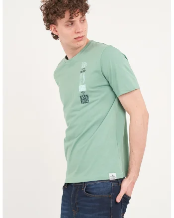 Tricou cu decolteu la baza gatului si imprimeu grafic si text, Verde deschis
