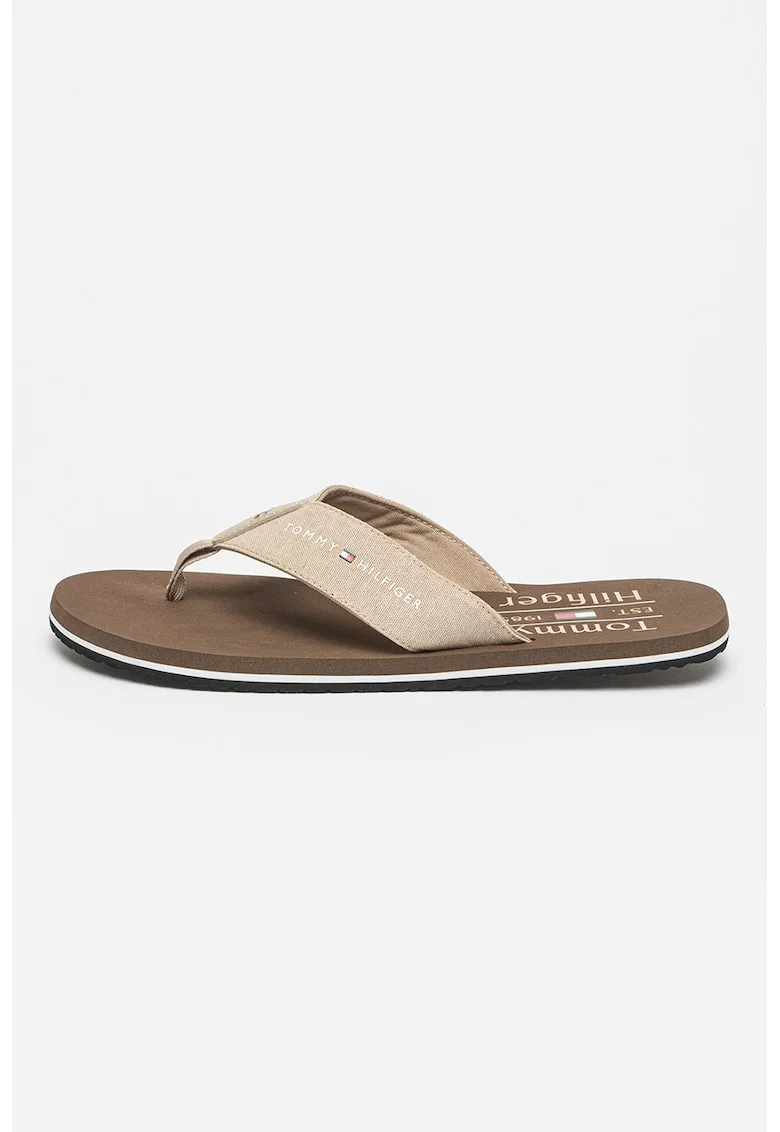 Papuci flip-flop din in cu logo, Bej