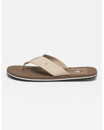 Papuci flip-flop din in cu logo, Bej