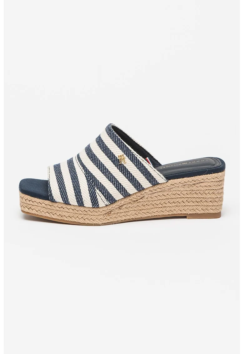 Papuci cu talpa wedge si model in dungi, Alb/Bleumarin