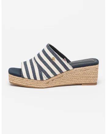 Papuci cu talpa wedge si model in dungi, Alb/Bleumarin