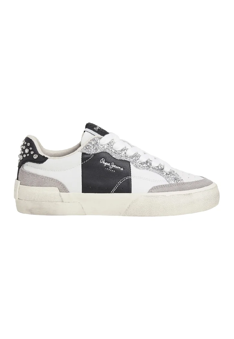 Pantofi sport cu piele intoarsa si detalii stralucitoare, Alb/Negru/Argintiu