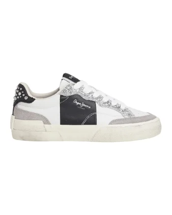 Pantofi sport cu piele intoarsa si detalii stralucitoare, Alb/Negru/Argintiu