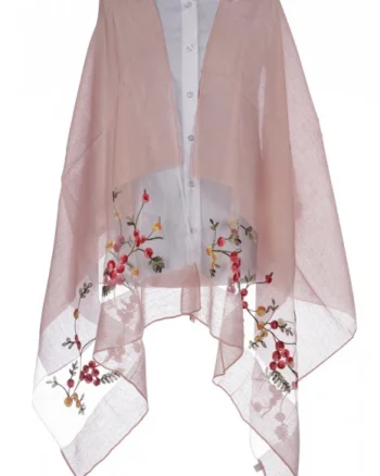 Esarfa din matase roz, cu broderie flori pe fond transparent de organza